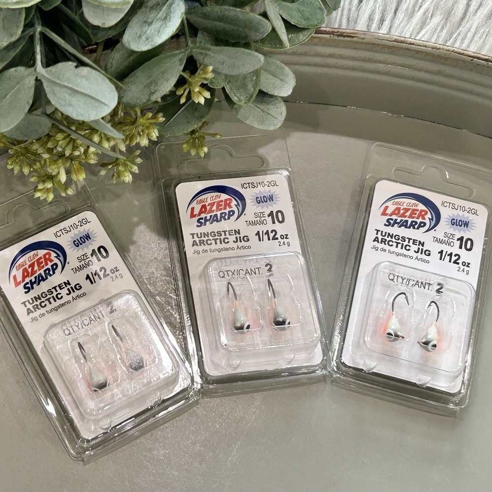 3 PACKS Eagle Claw Tungsten Arctic Jig 1/12oz Glow Size 10 Hook 2 Count